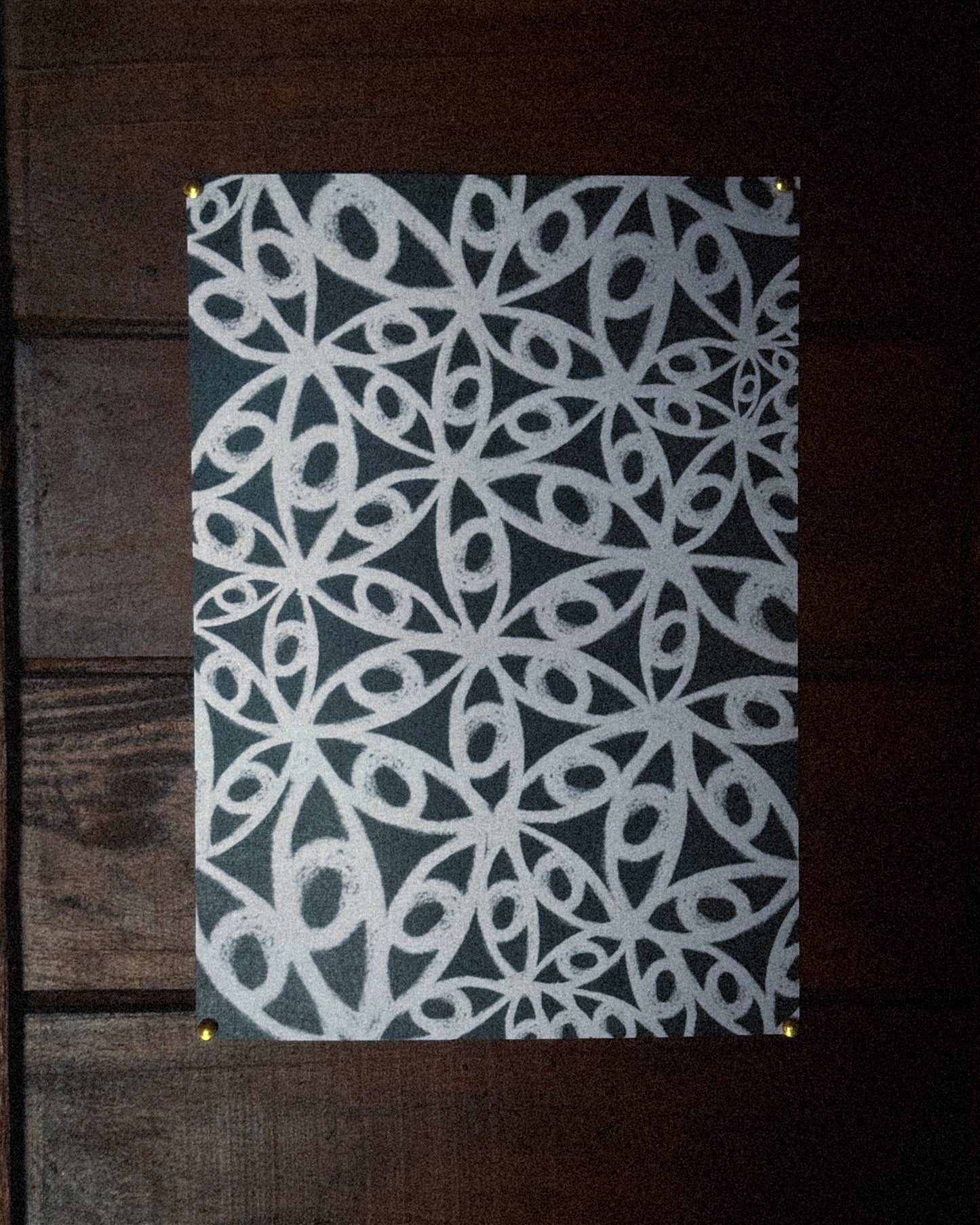 A wall poster print with white geometric pattern on a dark background, ritual art to be printed as wall art from The Ancient Now