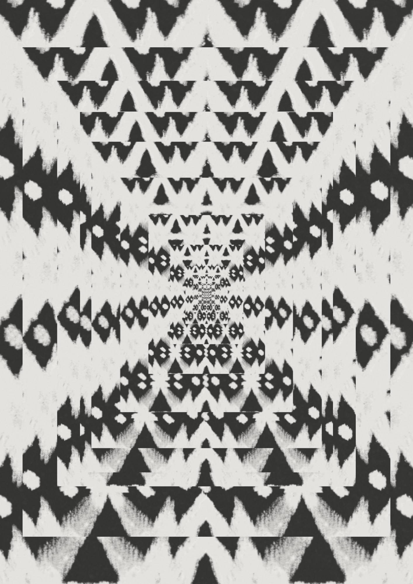 Black and white psychedelic geometric pattern with triangles and zigzags, ritual art to be printed as wall art from The Ancient Now.