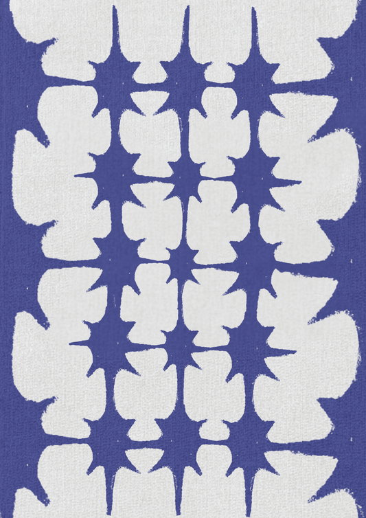 White abstract star pattern on a blue background, ritual art to be printed as wall art from The Ancient Now.