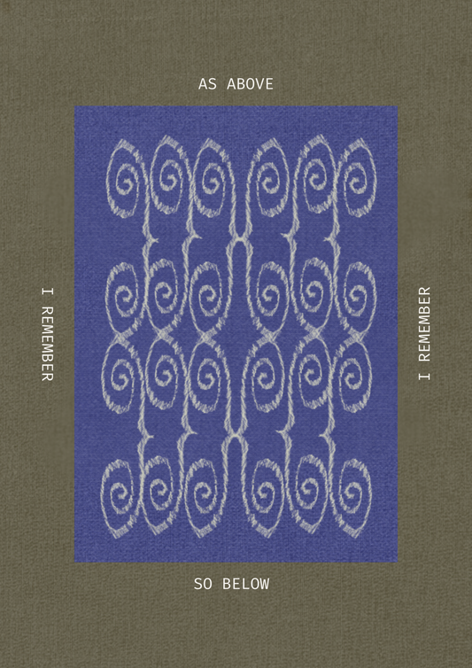 Book cover with blue pattern and text on a brown background, ritual art to be printed as wall art from The Ancient Now