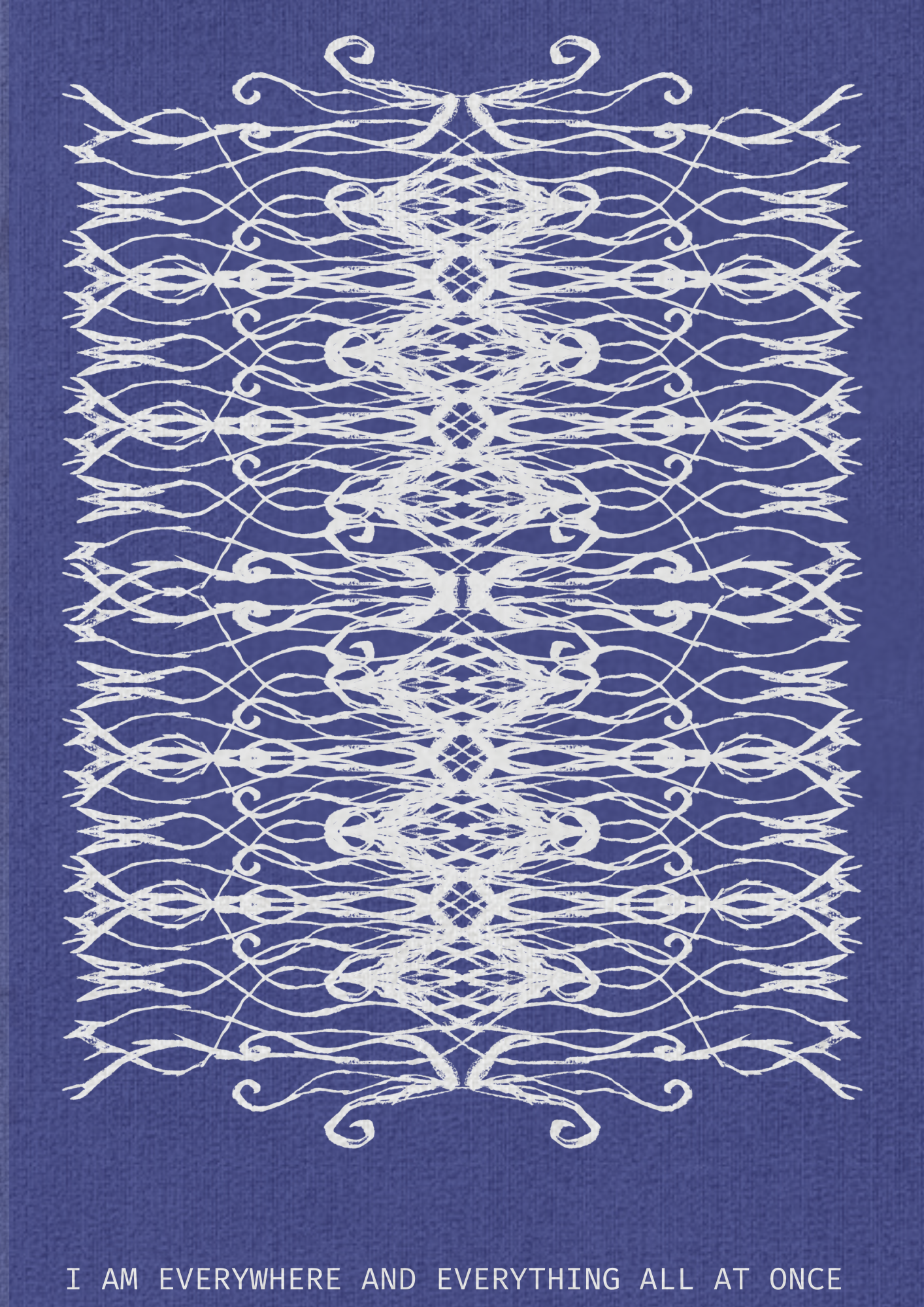 White geometric stitched pattern on a blue background with text at the bottom,  ritual art to be printed as wall art from The Ancient Now.