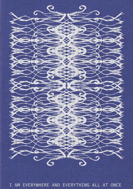 White geometric stitched pattern on a blue background with text at the bottom,  ritual art to be printed as wall art from The Ancient Now.