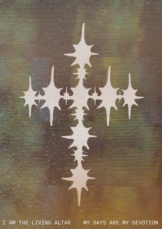 White star-like crucifix symbol on a textured brown background with text at the bottom,  ritual art to be printed as wall art from The Ancient Now.