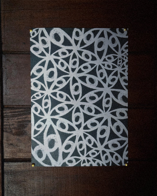 A wall poster print with white geometric pattern on a dark background, ritual art to be printed as wall art from The Ancient Now