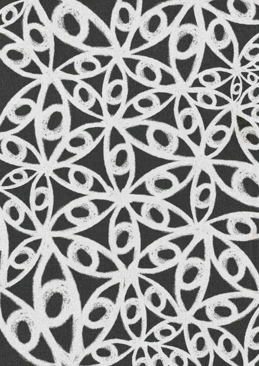 White mural eye pattern on a black background,  ritual art to be printed as wall art from The Ancient Now.