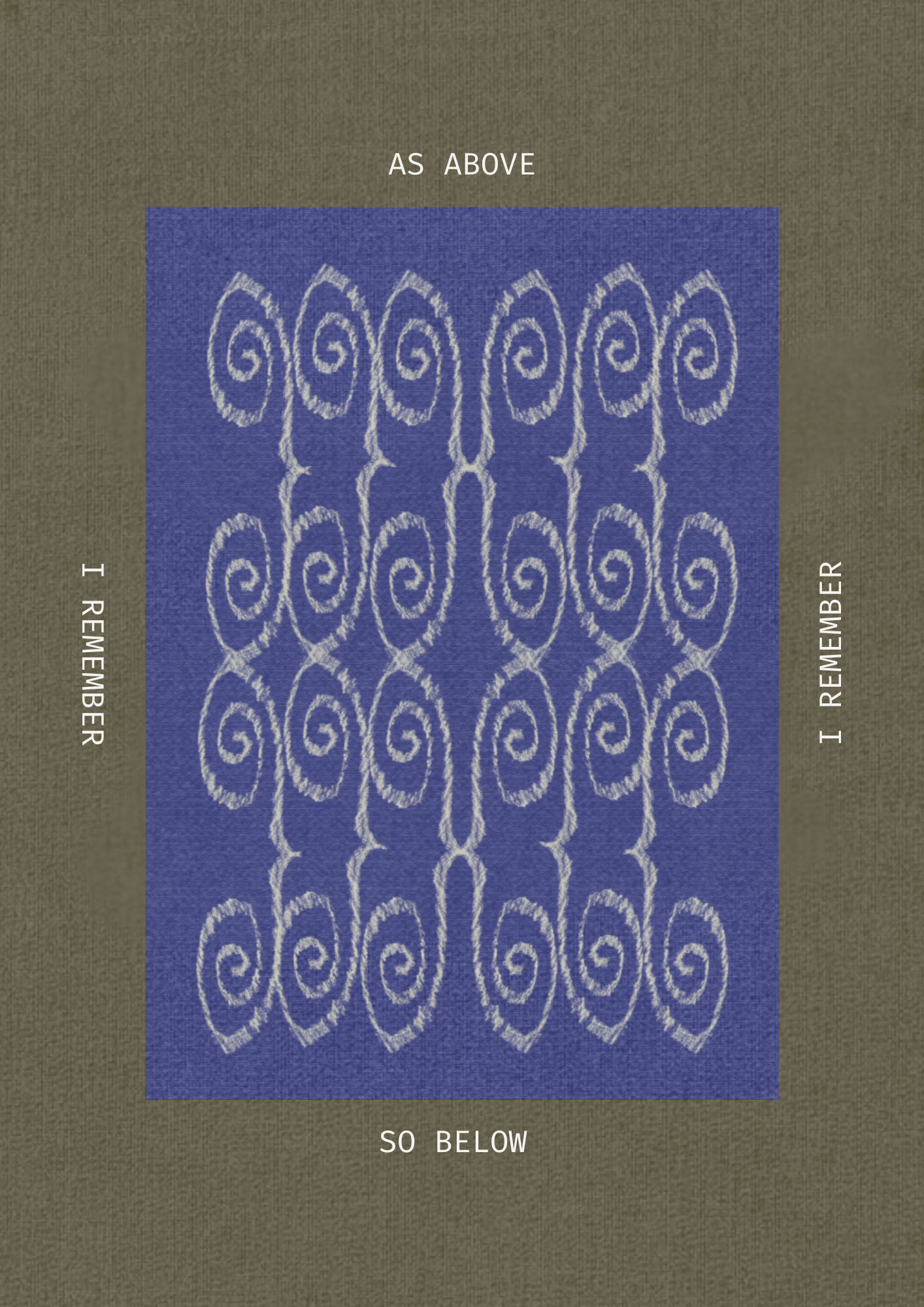 Decorative poster with spiral pattern and text on a blue and brown background,  ritual art to be printed as wall art from The Ancient Now.