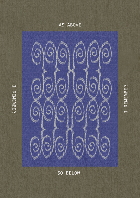 Decorative poster with spiral pattern and text on a blue and brown background,  ritual art to be printed as wall art from The Ancient Now.
