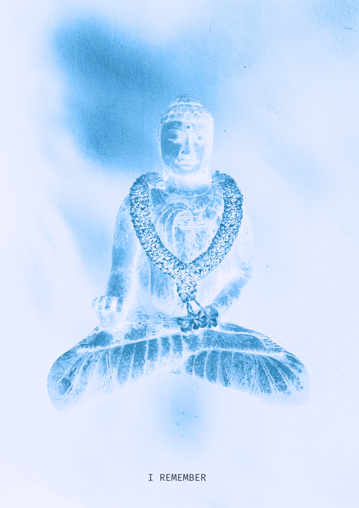 Frozen Buddha statue with a blue tint and 'I Remember' text on a light blue background, ritual art to be printed as wall art from The Ancient Now