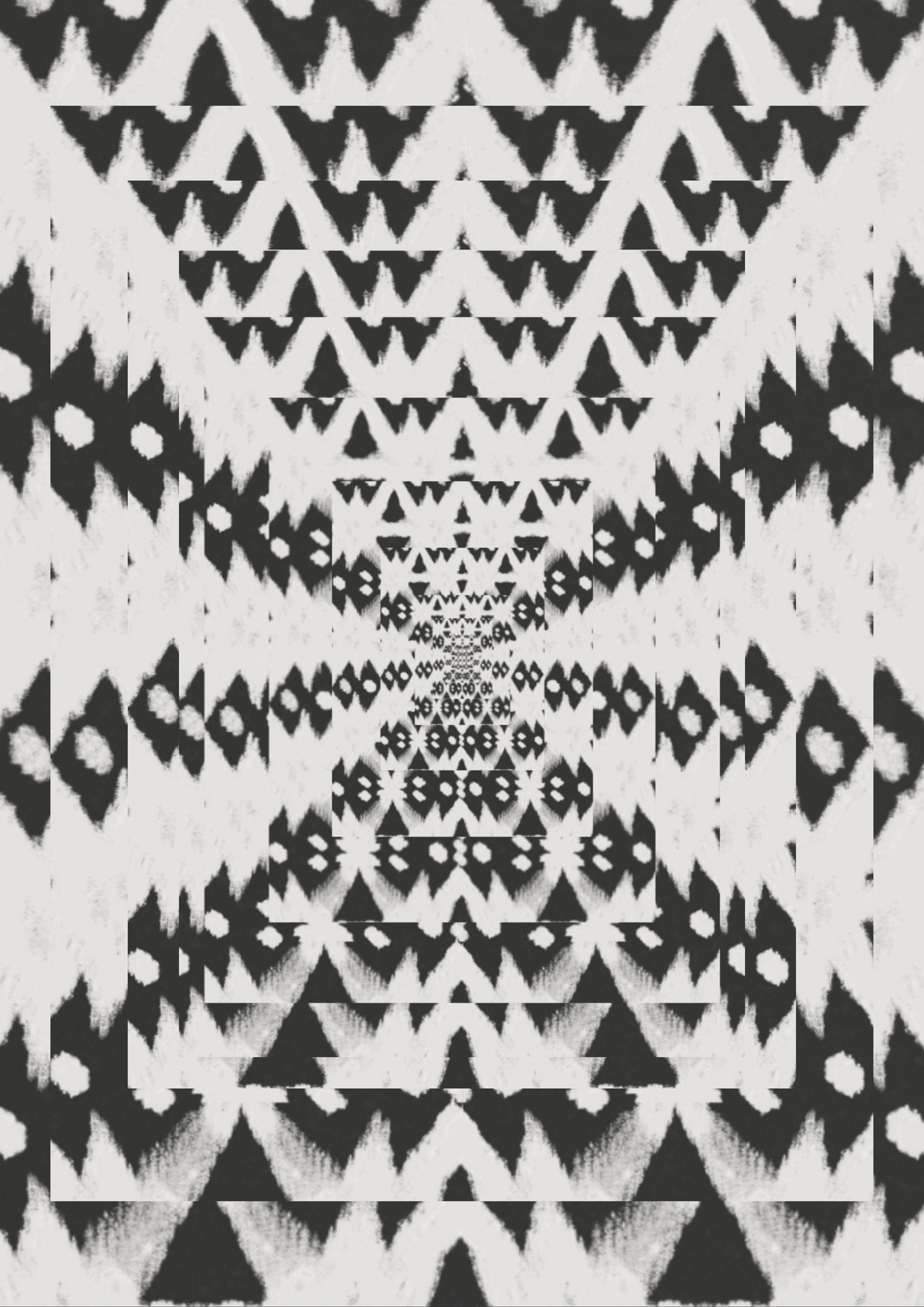 Black and white psychedelic geometric pattern with triangles and zigzags, primal prints, ritual art to be printed as wall art from The Ancient Now