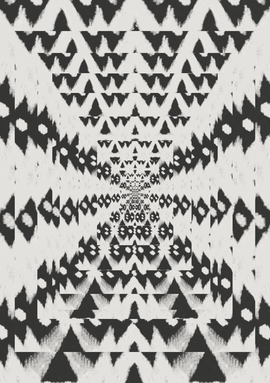 Black and white psychedelic geometric pattern with triangles and zigzags,  ritual art to be printed as wall art from The Ancient Now.