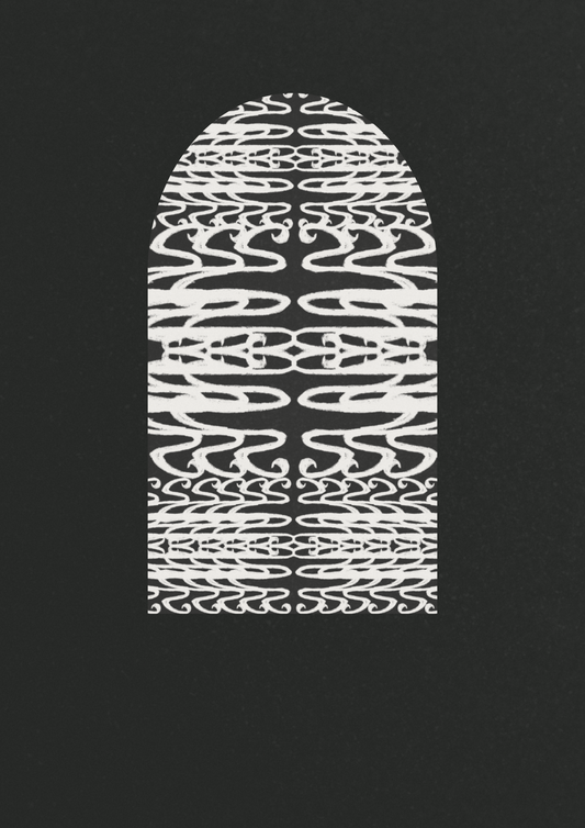 White abstract portal pattern on a black background, ritual art to be printed as wall art from The Ancient Now