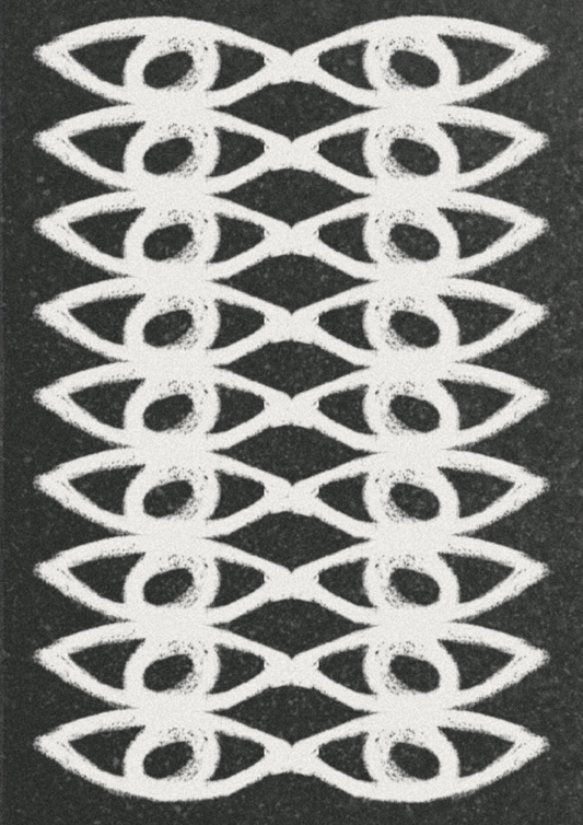 Decorative white eye lace pattern on a black background,  ritual art to be printed as wall art from The Ancient Now.